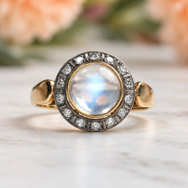 vintage 18ct moonstone and diamond halo ring for sale in Leeds