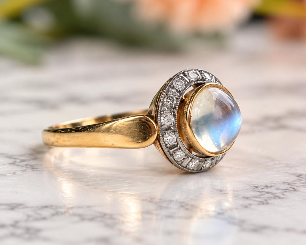 vintage 18ct moonstone and diamond halo ring for sale in Leeds, showing side of the ring
