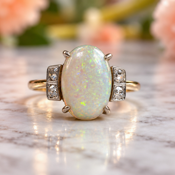 antique Art Deco opal and diamond ring in 9ct gold for sale in Leeds