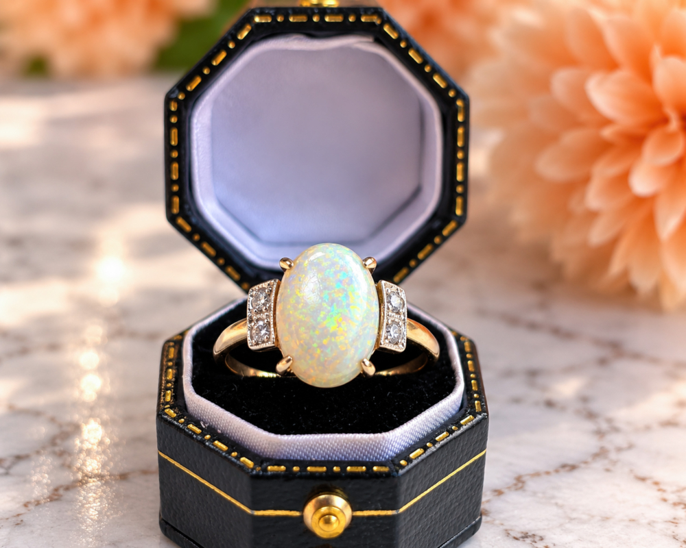 antique Art Deco opal and diamond ring in 9ct gold for sale in Leeds shown in a black box
