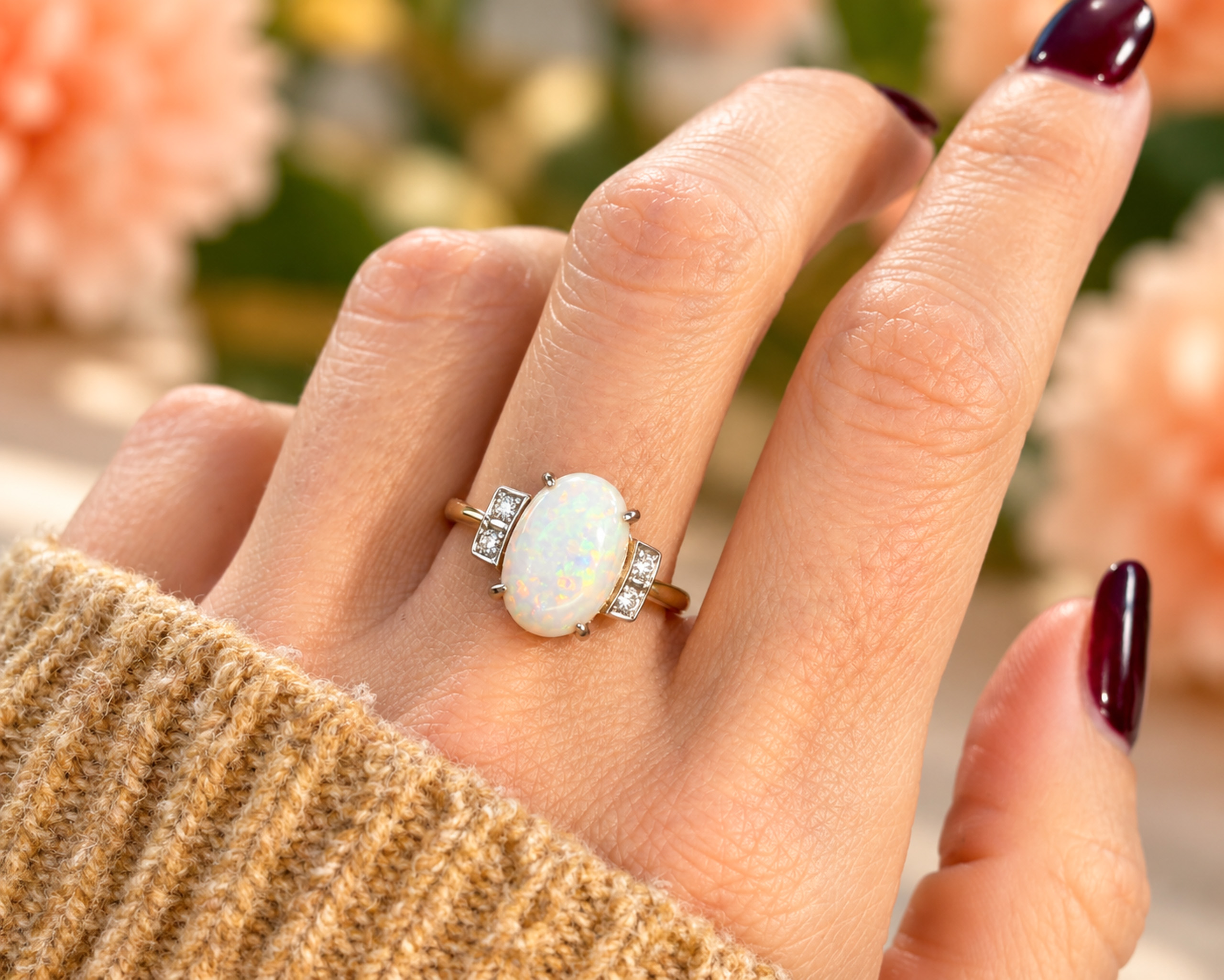 Vintage Opal Ring in Warm Floral Glow
