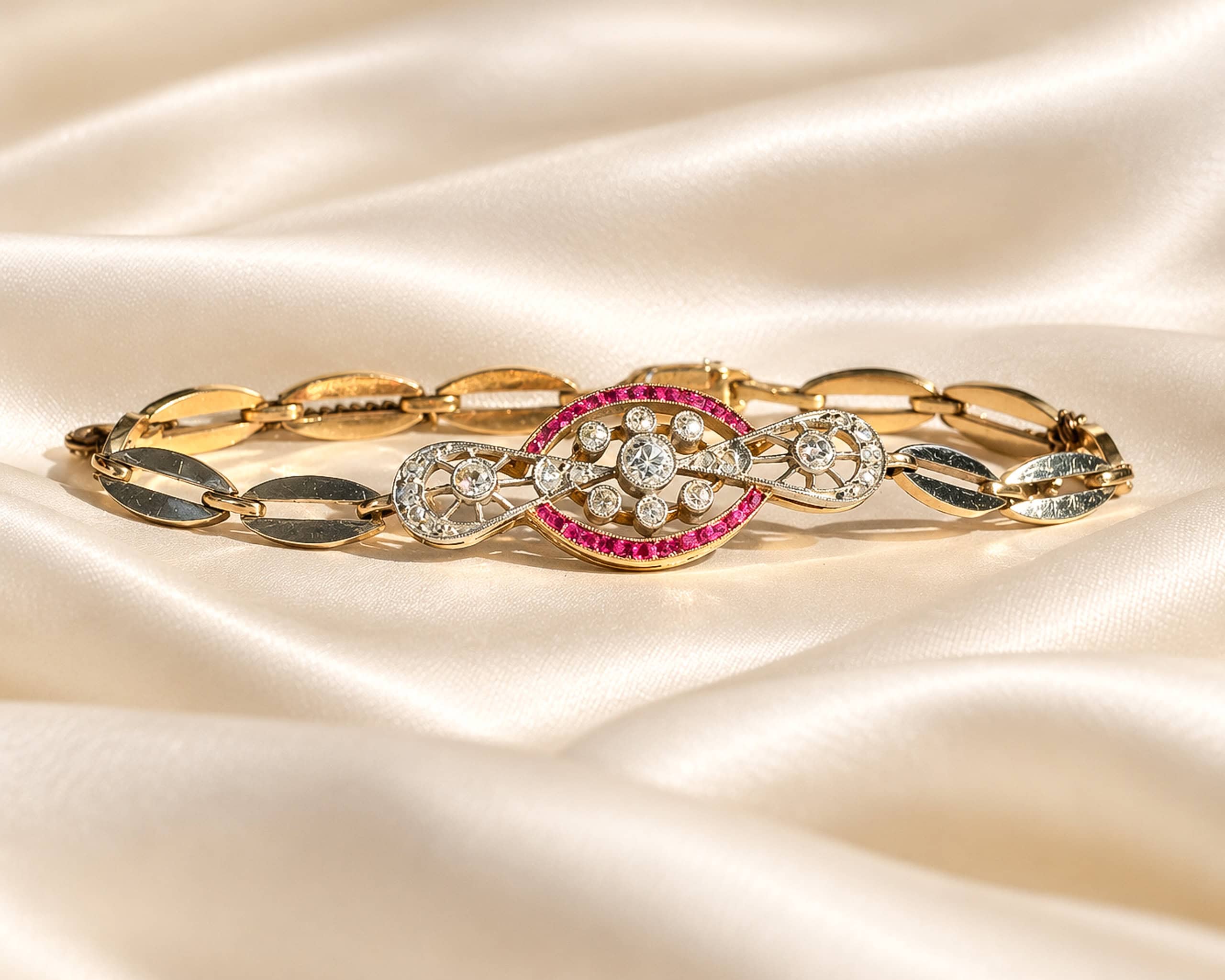 Vintage Ruby and Diamond Bracelet on Ivory Silk