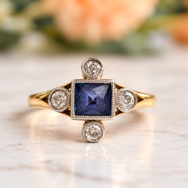 antique Art Deco cardinal point sapphire and diamond ring in 18ct yellow gold and platinum for sale in Leeds
