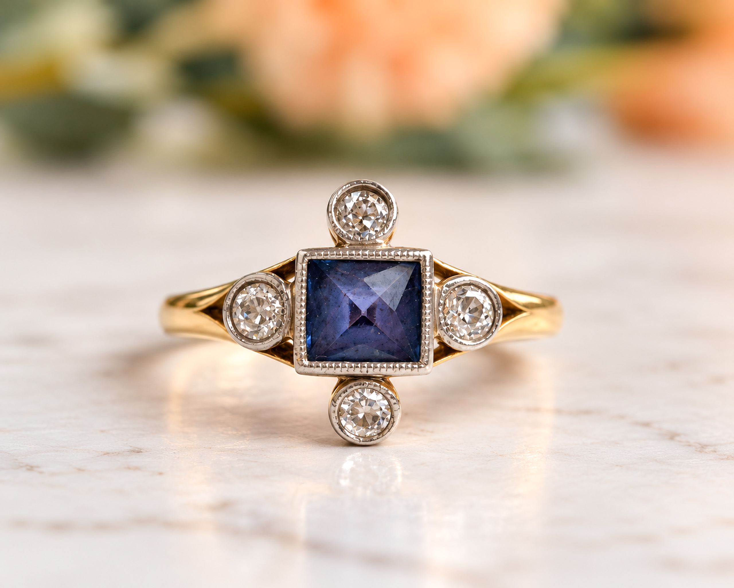 antique Art Deco cardinal point sapphire and diamond ring in 18ct yellow gold and platinum for sale in Leeds