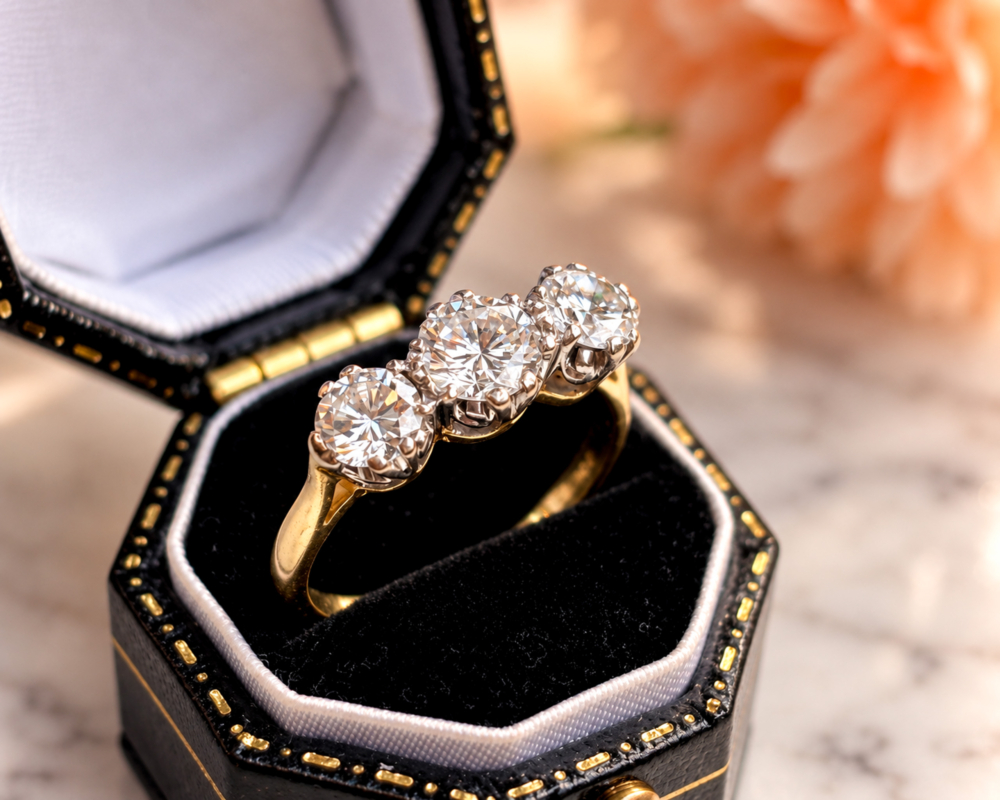 Vintage diamond three stone ring 1.35ct in 18ct yellow gold for sale in Leeds, in a black box