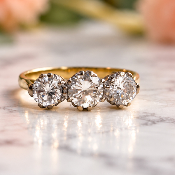 Vintage diamond three stone ring 1.35ct in 18ct yellow gold for sale in Leeds