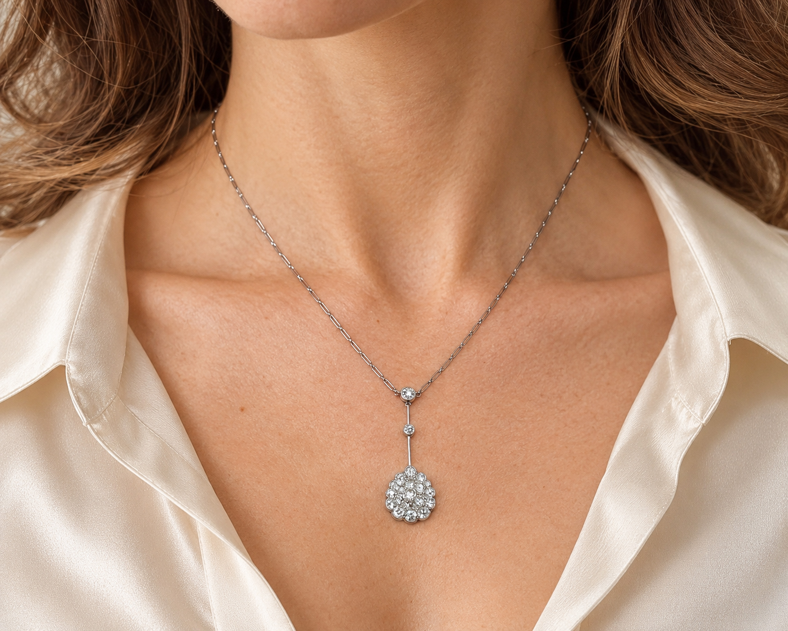 antique diamond pendant on model