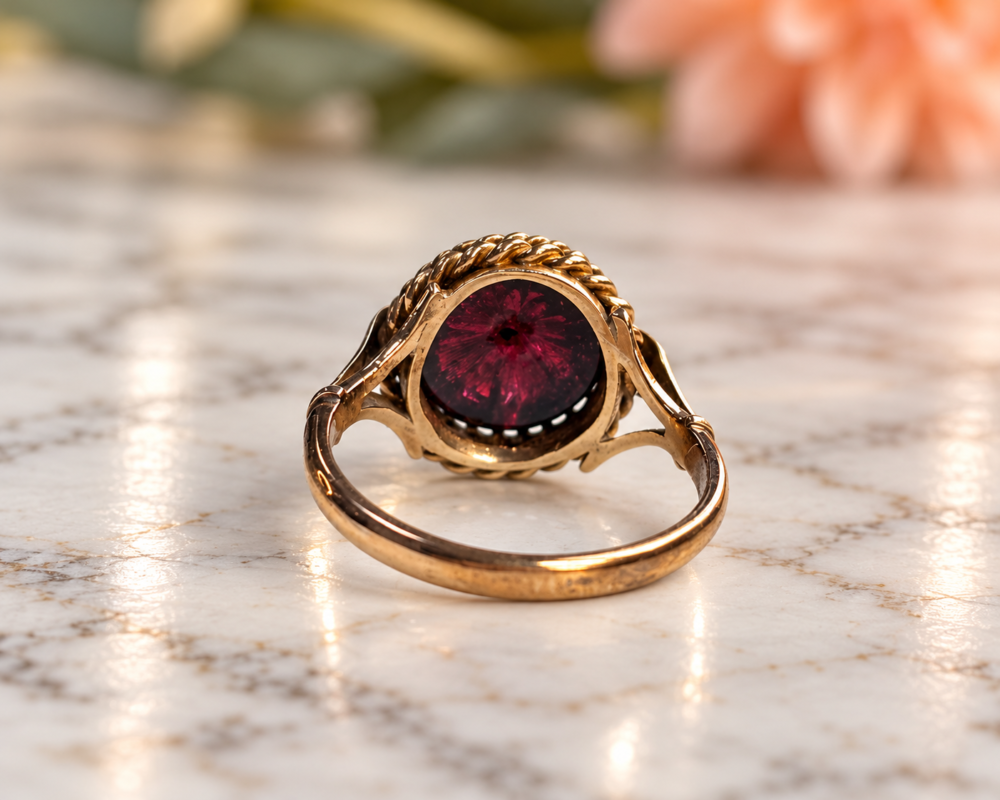 antique Victorian garnet and seed pearl ring in 15ct gold, showing back view of the ring