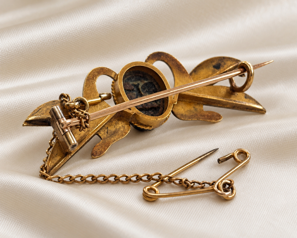 antique Egyptian Revival brooch in gilt and enamel for sale in Leeds showing the reverse