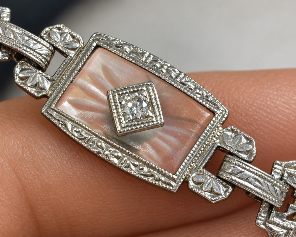 a close up image of a rock crystal panel in an Art Deco diamond bracelet in 14ct white gold