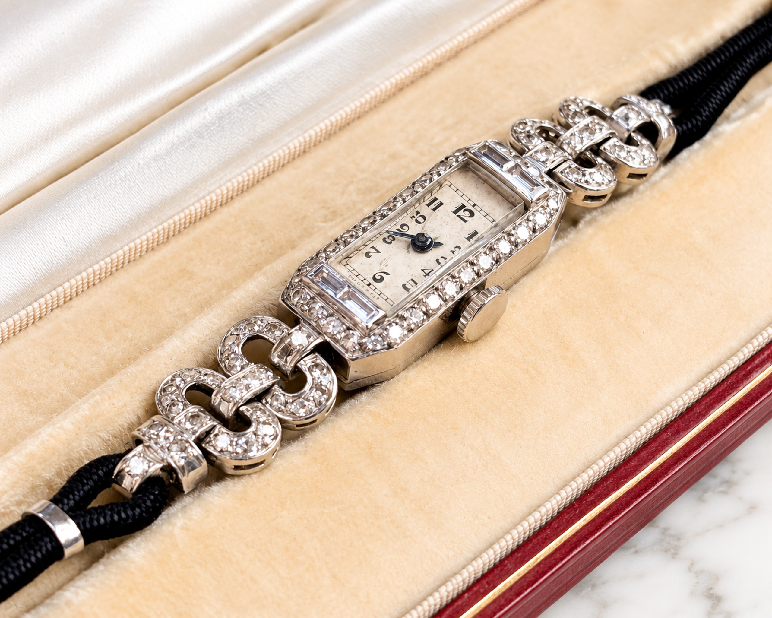 close up of art deco diamond watch