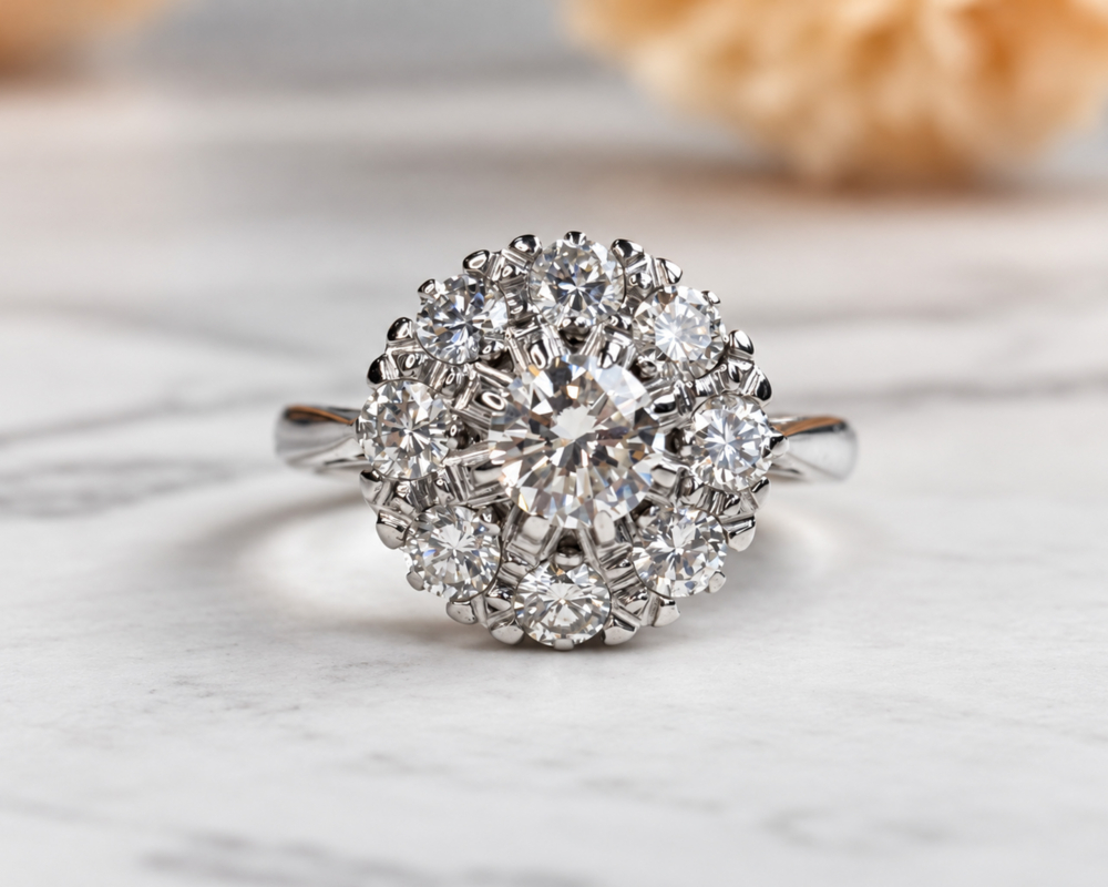 vintage 1940s diamond cluster ring 1ct 18ct white gold for sale in Leeds