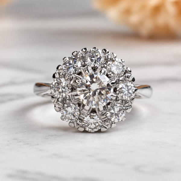 vintage 1940s diamond cluster ring 1ct 18ct white gold for sale in Leeds
