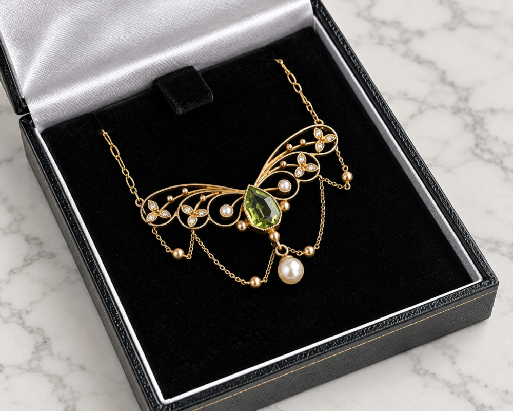 edwardian peridot necklace in box Art nouveau peridot and seed pearl necklace in 9ct yellow gold in black box