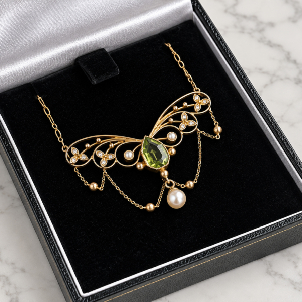 Art nouveau peridot and seed pearl necklace in 9ct yellow gold in black box