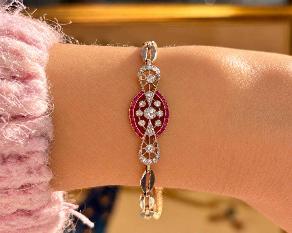 Edwardian ruby and diamond bracelet for sale in Leeds on a model's wrist