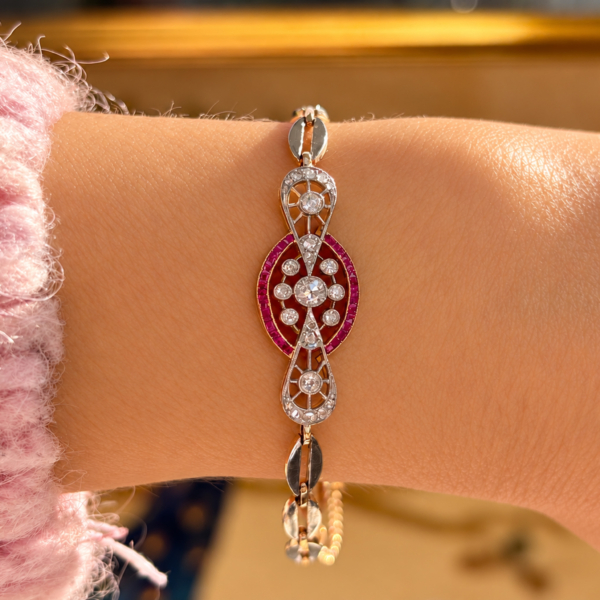 Edwardian ruby and diamond bracelet for sale in Leeds on a model's wrist