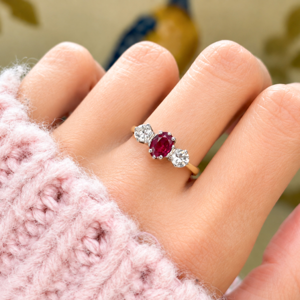 vintage ruby and diamond three stone ring in 18ct gold for sale in Leeds on a hand