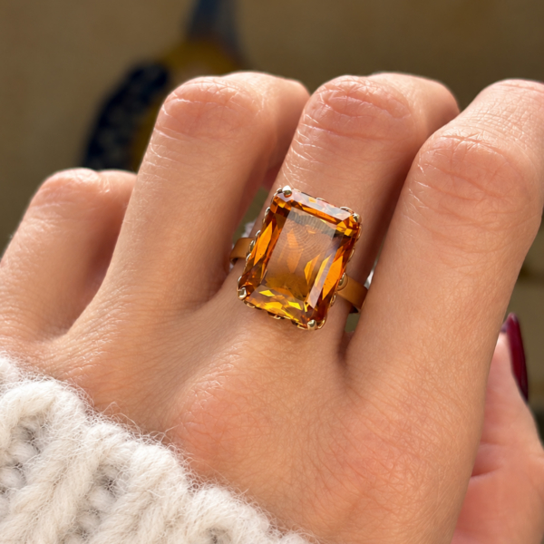vintage citrine statement ring in 18ct gold for sale in Leeds shown on a hand