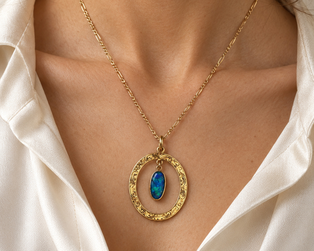 vintage 18ct gold opal necklace for sale in Leeds, shown on a model