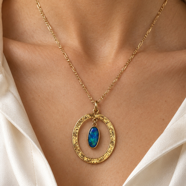 vintage 18ct gold opal necklace for sale in Leeds, shown on a model