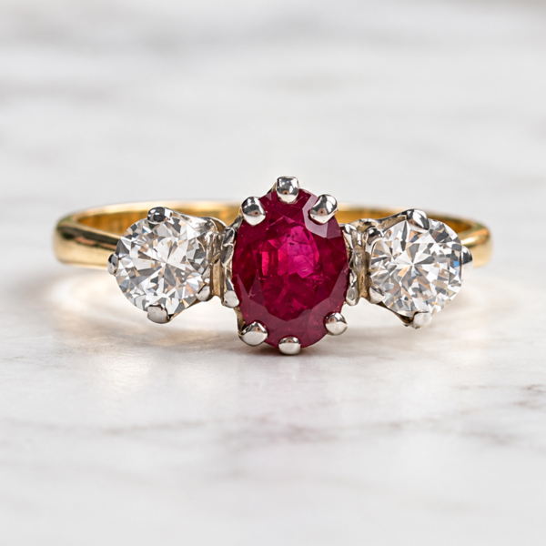 vintage ruby and diamond three stone ring in 18ct gold for sale in Leeds