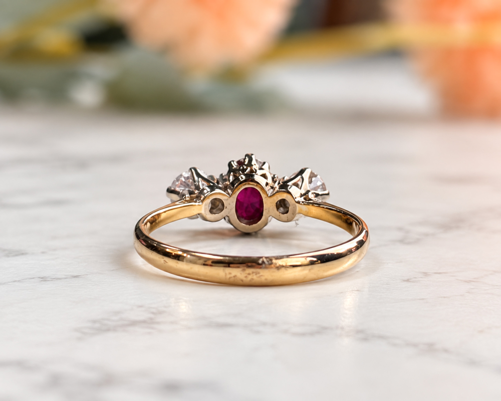 vintage ruby and diamond three stone ring in 18ct gold for sale in Leeds showing back view