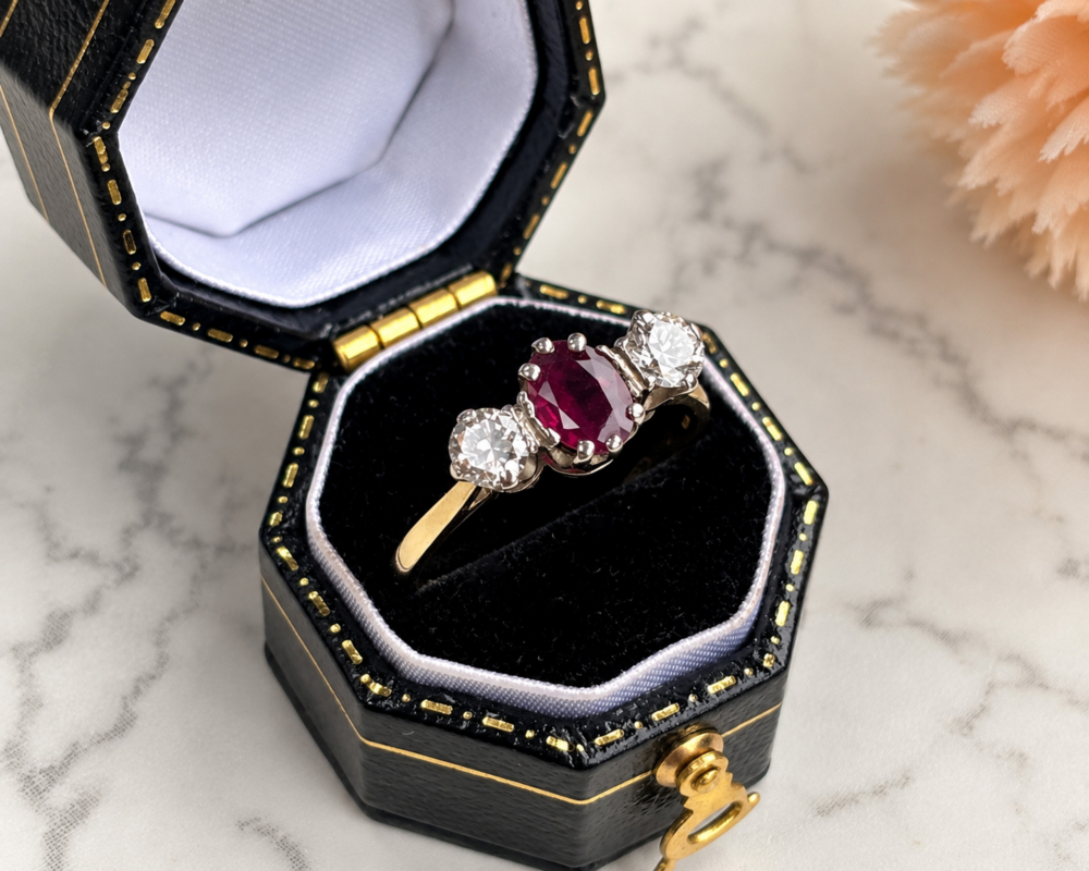 vintage ruby and diamond three stone ring in 18ct gold for sale in Leeds in a black ring box