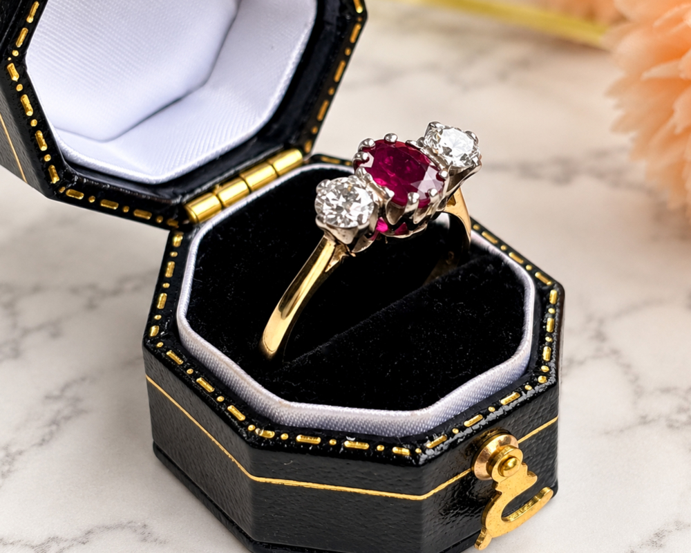 vintage ruby and diamond three stone ring in 18ct gold for sale in Leeds in a black ring box