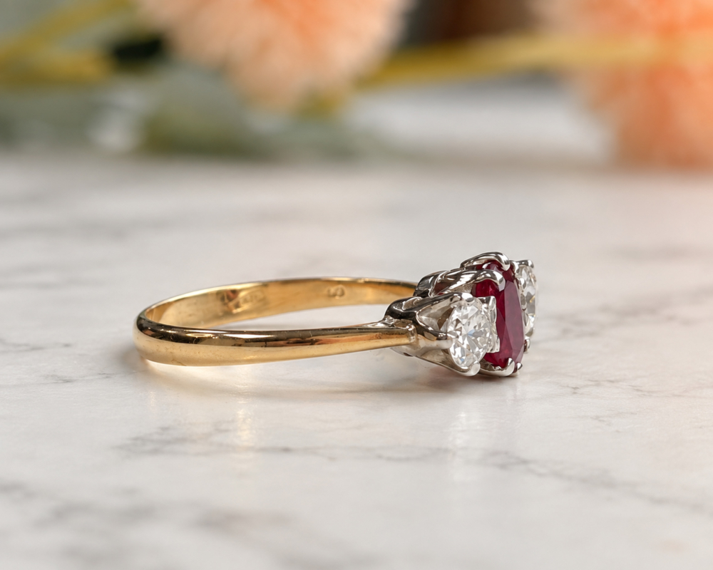 vintage ruby and diamond three stone ring in 18ct gold for sale in Leeds showing side view
