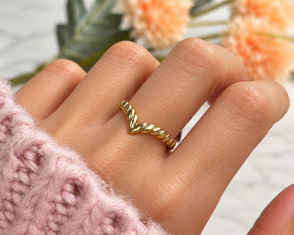 vintage 9ct gold wishbone ring for sale in Leeds, shown on model's hand