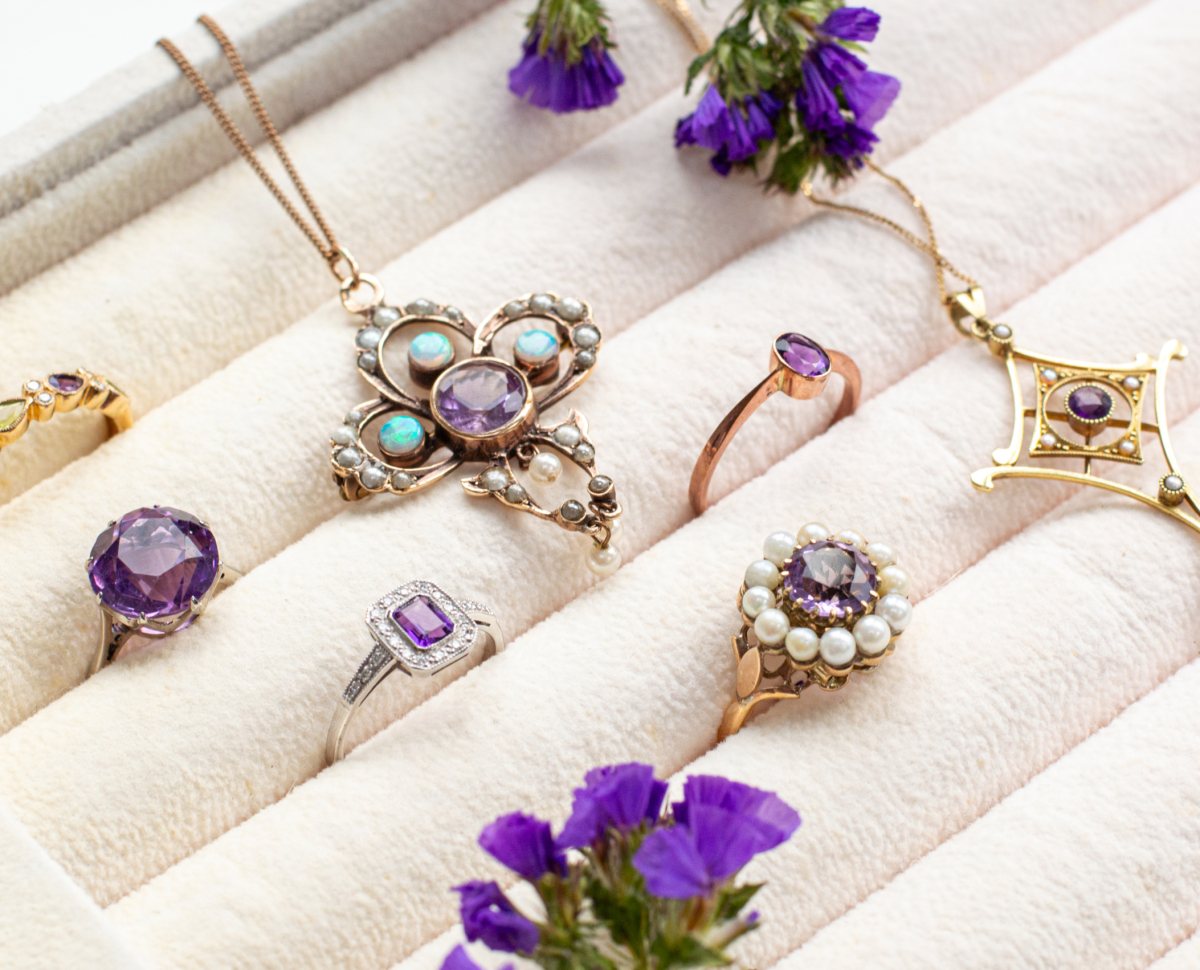 Amethyst jewellery flatlay