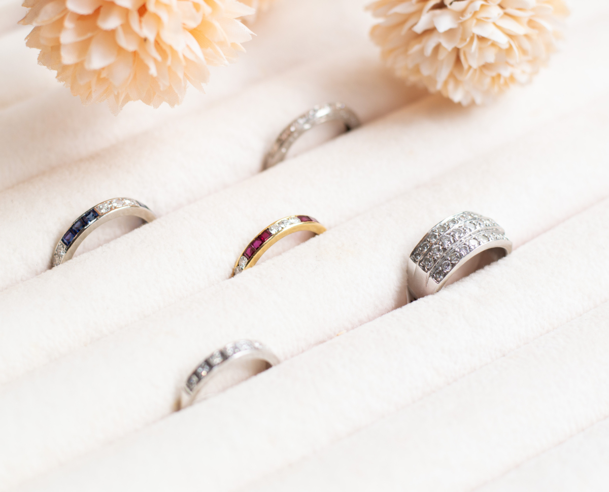 flatlay of antique and vintage eternity rings