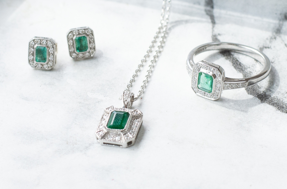 DSC_0411 art deco style emerald and diamond stud earrings, pendant and ring matching set for sale in Leeds, Yorkshire