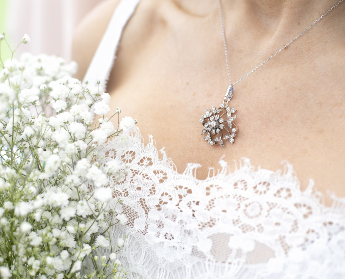 wedding season jewels wedding season jewellery photo, shows woman holding bouquet of flowers with a sparkly necklace